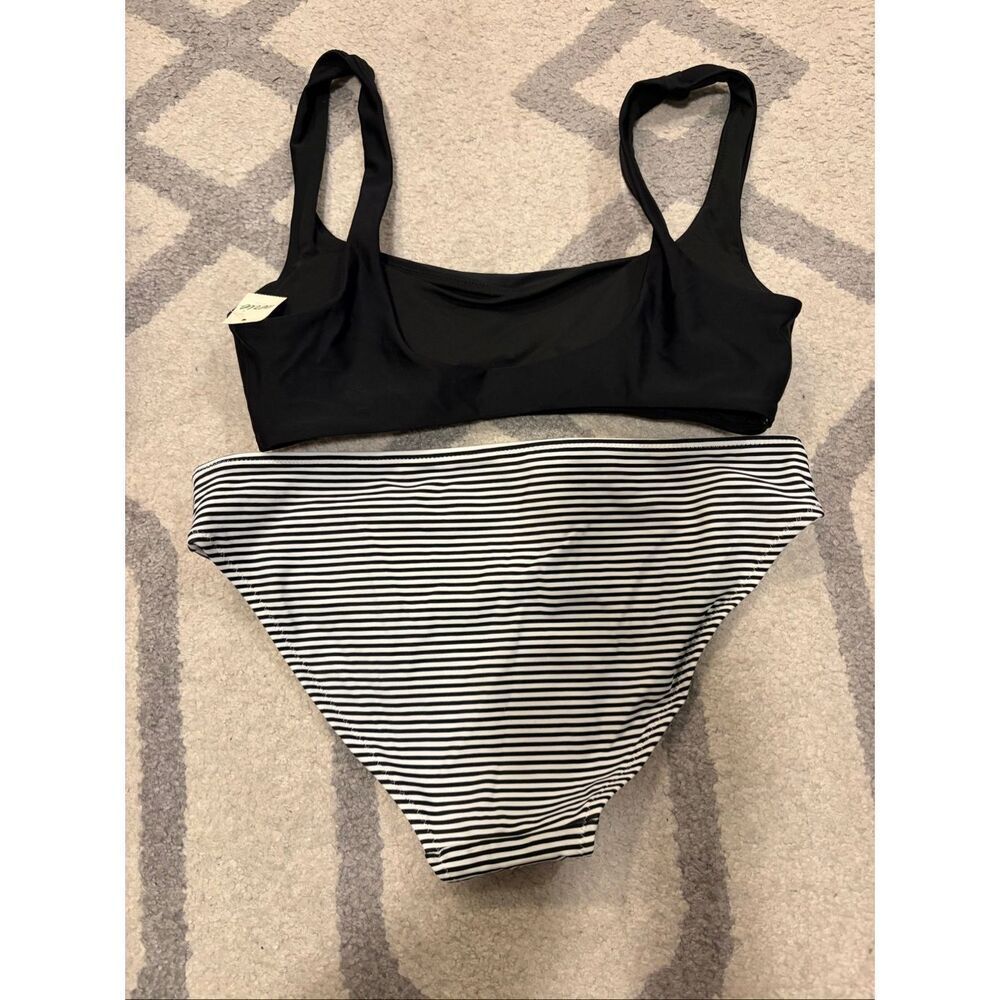 NWT Aerie Black Scoop Neck Bikini Top Black White Striped Bottoms Swim Set Size - Picture 4 of 5